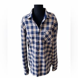 Nomad Blue & Cream Plaid Flannel Button Up Shirt Pocket Front